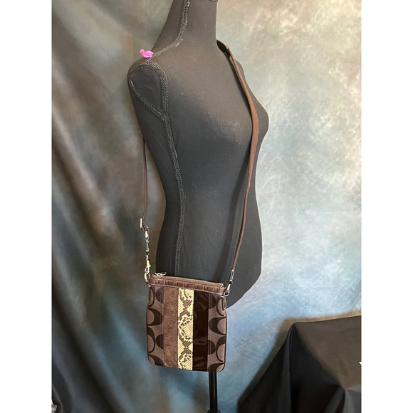 Coach Signature Striped Snake Print Crossbody Bag Brown - Picture 2 of 11